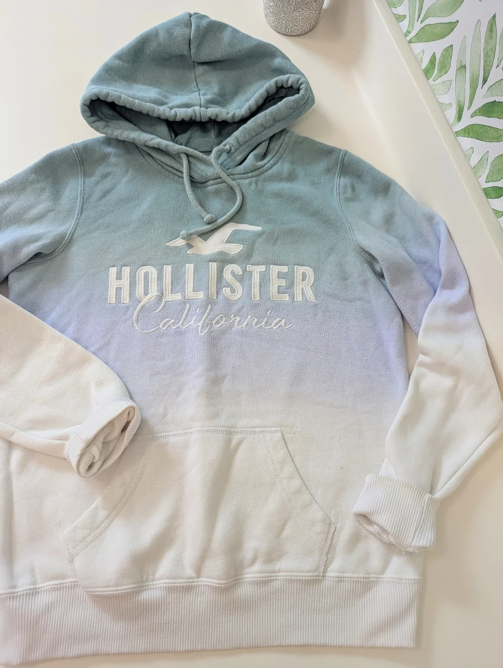 Hollister California Ombre Sage Green to White Logo Hoodie Small Y2K
